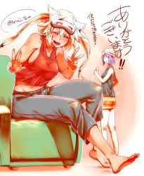 Rule 34 | &gt; &lt;, 10s, 2girls, :d, > <, alternate costume, artist name, barefoot, blonde hair, bottle, capri pants, commentary request, couch, closed eyes, kantai collection, looking at viewer, mask, midriff, milk bottle, mouth mask, multiple girls, musashi (kancolle), open mouth, pants, purple hair, shorts, smile, steam, sweatpants, tenryuu (kancolle), text focus, torichamaru, translation request, twitter username, two side up, v, xd