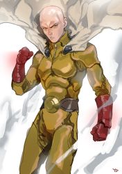 Rule 34 | 1boy, bald, bodysuit, brown eyes, cape, clenched hands, closed mouth, commentary request, cowboy shot, gloves, looking at viewer, male focus, one-punch man, red gloves, saitama (one-punch man), sanpaku, signature, smoke, solo, white cape, yd (orange maru), yellow bodysuit