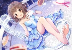 Rule 34 | 1girl, balcony, bare shoulders, barefoot, blush, breasts, brown eyes, brown hair, cleavage, dress, feet, frilled dress, frills, glass slipper, gloves, gum (vivid garden), hand on own chest, hat, highres, idolmaster, idolmaster cinderella girls, idolmaster cinderella girls starlight stage, jewelry, knees up, legs, looking at viewer, medium breasts, namiki meiko, necklace, night, open mouth, short hair, sitting, smile, soles, solo, star (sky), thighs, tiara, toenails, toes, transparent seat