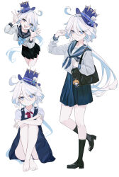 Rule 34 | 1girl, absurdres, ahoge, alternate costume, bag, black footwear, black sailor collar, black skirt, black socks, blue bow, blue bowtie, blue eyes, blue hat, blue neckerchief, blue sailor collar, blue skirt, bow, bowtie, closed mouth, collared shirt, full body, furina (genshin impact), genshin impact, hair between eyes, hand up, hat, heterochromia, highres, kneehighs, lao xi, loafers, long hair, long sleeves, looking at viewer, mismatched pupils, multiple views, neck ribbon, neckerchief, open mouth, red ribbon, ribbon, sailor collar, school bag, school uniform, shirt, shoes, short sleeves, simple background, sitting, skirt, smile, socks, standing, standing on one leg, white background, white hair, white shirt