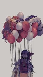 Rule 34 | 2girls, absurdres, ascot, balloon, blonde hair, brown hair, closed eyes, collared shirt, detached sleeves, dress, frilled dress, frilled hair tubes, frills, hair ribbon, hair tubes, hakurei reimu, highres, holding, holding balloon, japanese clothes, long hair, long sleeves, looking up, miko, multiple girls, no headwear, nontraditional miko, purple nails, red eyes, red ribbon, red shirt, ribbon, ribbon-trimmed sleeves, ribbon trim, shade, shirt, sidelocks, simple background, smile, touhou, white background, white dress, wide sleeves, yakumo yukari, yellow ascot, zy (zyyyyyyy9)