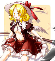 Rule 34 | 1girl, :d, aka tawashi, blonde hair, blush, bow, breasts, brown ribbon, brown shirt, center opening, cowboy shot, elly (touhou), hat, hat bow, holding, holding weapon, looking at viewer, medium breasts, navel, neck ribbon, open clothes, open mouth, open shirt, petticoat, puffy short sleeves, puffy sleeves, red bow, red skirt, ribbon, scythe, shirt, short hair, short sleeves, skirt, smile, solo, stomach, touhou, touhou (pc-98), weapon, white hat, yellow eyes