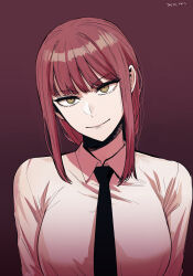 Rule 34 | 1girl, absurdres, chainsaw man, closed mouth, collared shirt, gegegekman, head tilt, highres, looking at viewer, makima (chainsaw man), medium bangs, necktie, red background, red hair, ringed eyes, shirt, sidelocks, signature, simple background, solo, upper body, white shirt, yellow eyes