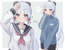 Rule 34 | 1girl, absurdres, ayaka (genshin impact), black ribbon, black sailor collar, black shorts, blue hair, blue jacket, blunt bangs, blush, closed mouth, collarbone, commentary request, facing viewer, genshin impact, gradient hair, hair ornament, hair ribbon, hand in own hair, hand up, highres, jacket, light blue hair, long hair, long sleeves, looking at viewer, mole, mole under eye, multicolored hair, multiple views, neckerchief, ponytail, red neckerchief, red ribbon, ribbon, roku 6, sailor collar, school uniform, serafuku, shorts, sleeves past fingers, sleeves past wrists, speech bubble, tassel, tassel hair ornament, track jacket, translated, tress ribbon, upper body, white hair