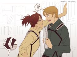 Rule 34 | !?, 1boy, 1girl, bookshelf, breasts, brown hair, collared shirt, glasses, hange zoe, hanpetos, height difference, holding, holding paper, kabedon, moblit berner, open mouth, paper, ponytail, shared speech bubble, shingeki no kyojin, shirt, sleeves rolled up, small breasts, speech bubble, spoken interrobang, suspenders, sweatdrop, tripping