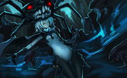 Rule 34 | 10s, 1girl, absurdres, abyssal ship, bodysuit, dutch angle, gloves, glowing, glowing eyes, highres, hip focus, kantai collection, looking at viewer, outstretched arm, red eyes, silver hair, solo, teeth, thigh gap, thighs, wo-class aircraft carrier, yellow eyes, yun lin