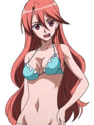 Rule 34 | 10s, 1girl, akame ga kill!, bikini, breasts, brown hair, candy, chelsea (akame ga kill!), cleavage, food, lollipop, long hair, open mouth, red eyes, simple background, smile, standing, stitched, swimsuit, third-party edit, white background