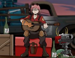 Rule 34 | 1girl, alcohol, beer bottle, commentary, cosplay, crate, crossover, dragon horns, dragon tail, engineer (tf2), frank araya, glasses, gloves, goggles, guitar, highres, horns, instrument, kobayashi-san chi no maidragon, kobayashi (maidragon), motor vehicle, overalls, pink hair, red engineer (tf2), tail, team fortress 2, the engineer (cosplay), toolbox, truck, turret