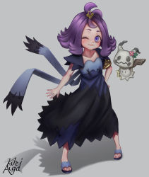 Rule 34 | 1girl, ;3, acerola (pokemon), armlet, bad id, bad pixiv id, blue dress, blush, closed mouth, commentary request, creatures (company), dress, eyelashes, flip-flops, flipped hair, game freak, gen 7 pokemon, hair ornament, hairclip, highres, kireiaiga, legs apart, looking at viewer, medium hair, mimikyu, multicolored clothes, multicolored dress, nintendo, one eye closed, pokemon, pokemon (anime), pokemon (creature), pokemon sm (anime), purple eyes, purple hair, sandals, short sleeves, signature, smile, standing, stitches, topknot, torn clothes, torn dress