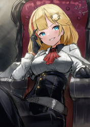 Rule 34 | 1girl, absurdres, artist name, blonde hair, blue eyes, breasts, chair, commentary, dated, english commentary, gear hair ornament, hair ornament, highres, hololive, hololive english, punished pigeon, sitting, smile, teeth, virtual youtuber, watson amelia