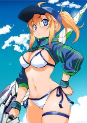 Rule 34 | 1girl, ahoge, areola slip, artoria pendragon (fate), baseball cap, bikini, blonde hair, blue eyes, blue jacket, blue sky, blush, breasts, cleavage, cloud, cloudy sky, cowboy shot, day, fate/grand order, fate (series), hair between eyes, hat, highres, holding, holding weapon, huge weapon, inoue sora, jacket, medium breasts, mysterious heroine x (fate), mysterious heroine xx (fate), navel, ponytail, shrug (clothing), side-tie bikini bottom, sky, solo, standing, swimsuit, sword, thigh strap, twinmyniad (fate), weapon