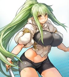 Rule 34 | 1girl, aqua background, bike shorts, blush, breasts, cleavage, closed mouth, commentary, curvy, gradient background, green hair, holding, holding sword, holding weapon, large breasts, long hair, looking at viewer, navel, original, perky breasts, polka dot, polka dot background, ponytail, sachito, solo, sumi-chan (sachito), sword, thick thighs, thighs, very long hair, weapon, white background, yellow eyes