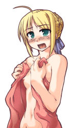 Rule 34 | 00s, 1girl, ahoge, artoria pendragon (fate), blonde hair, blush, breasts, fate/stay night, fate (series), green eyes, nipple slip, nipples, open towel, ribbon, saber (fate), small breasts, solo, tougeya honpo, towel