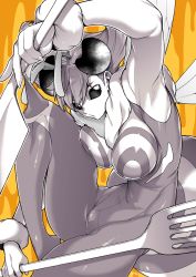 Rule 34 | 1girl, antennae, armpits, arthropod girl, bee girl, bodysuit, breasts, capcom, foot out of frame, fork, greyscale with colored background, highres, insect girl, insect wings, knee up, large breasts, monochrome, outline, oversized object, pantyhose, q-bee, sleeveless, solo, stinger, takatsuki ichi, vampire (game), white outline, wings, yellow background