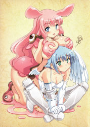 Rule 34 | 2girls, absurdres, angel, angel of light nanael, angel wings, animal ears, asymmetrical wings, bare shoulders, blue hair, blush, boots, breast envy, breast rest, breasts, breasts on head, breasts squeezed together, cleavage, covering breasts, covering privates, elbow gloves, gloves, grabbing, grabbing another&#039;s breast, green eyes, highres, indian style, kuuchuu yousai, large breasts, long hair, melona (queen&#039;s blade), melona (queen's blade), monster girl, multiple girls, nanael (queen&#039;s blade), nanael (queen's blade), pink hair, prehensile hair, protean assassin melona, queen&#039;s blade, rabbit ears, revealing clothes, short hair, sitting, skirt, slime (substance), slime girl, thighhighs, wings