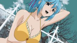 Rule 34 | 00s, 1girl, animated, animated gif, arm behind head, arm up, armpits, bare shoulders, bikini, blue hair, bouncing breasts, breast hold, breasts, cleavage, collarbone, demon girl, dutch angle, female focus, fence, frilled swimsuit, frills, hair ribbon, kurono kurumu, large breasts, looking at viewer, looping animation, outdoors, purple eyes, ribbon, rosario+vampire, smile, solo, standing, swimsuit, talking, tree, upper body, yellow bikini