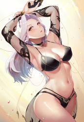 Rule 34 | 1girl, armpits, arms up, bikini, black bikini, blush, bracelet, breasts, carmilla (fate), carmilla (swimsuit rider) (fate), carmilla (swimsuit rider) (third ascension) (fate), cleavage, cowboy shot, eyewear on head, fate/grand order, fate (series), grey hair, gun, handgun, jewelry, l.bou, large breasts, long hair, looking at viewer, navel, open mouth, parted bangs, parted lips, pistol, see-through, shiny skin, solo, stomach, sunglasses, swimsuit, thighs, weapon, yellow eyes