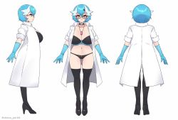 Rule 34 | 1girl, alternate color, black bra, black panties, blue hair, bob cut, bra, breasts, choker, cleavage, creatures (company), dr. voir (nanosheep), game freak, gardevoir, gen 3 pokemon, glasses, gloves, hair ornament, hairclip, hanjuku choco-pai, high heels, huge breasts, humanization, lab coat, mega stone, mole, mole under eye, multiple views, nintendo, panties, pokemon, red-framed eyewear, red eyes, rubbrer gloves, rupee (zelda), semi-rimless eyewear, thighhighs, underwear