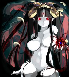 Rule 34 | 1girl, aura, black hair, breasts, censored, convenient censoring, demon girl, demon wings, glowing, hair ornament, hair over breasts, highres, horns, kneeling, large breasts, long hair, looking at viewer, magic circle, navel, nude, original, pale skin, parted lips, personification, pointy ears, red eyes, shiki (psychedelic g2), sitting, solo, tattoo, third eye, very long hair, wings