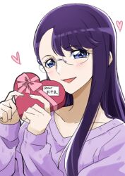 Rule 34 | 1girl, asymmetrical bangs, blue eyes, box, gift, glasses, half-closed eyes, heart, heart-shaped box, heartcatch precure!, holding, holding gift, light blush, long hair, long sleeves, looking at viewer, open mouth, precure, purple hair, purple sweater, rimless eyewear, simple background, smile, solo, sweater, translated, tsukikage oyama, tsukikage yuri, upper body, valentine, white background
