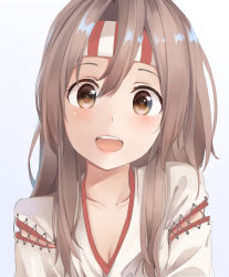 Rule 34 | 1girl, amco, blush, breasts, brown eyes, cleavage, gradient background, hair between eyes, hair ornament, hair ribbon, headband, highres, japanese clothes, kantai collection, light brown hair, long hair, open mouth, ribbon, small breasts, solo, striped, zuihou (kancolle)