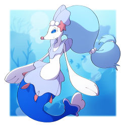 Rule 34 | blue eyes, blurry, border, closed mouth, commentary request, creatures (company), full body, game freak, gen 7 pokemon, highres, nintendo, no humans, outside border, pokemon, pokemon (creature), primarina, sasaki sue, smile, solo, white border, colored eyelashes