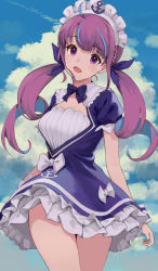Rule 34 | 1girl, :d, ahoge, anchor, anchor symbol, bad id, bad twitter id, blue bow, blue dress, blue hair, blue ribbon, blue sky, blush, bow, braid, breasts, cloud, cloudy sky, colored inner hair, commentary request, day, dress, frilled dress, frills, hair ribbon, highres, hololive, kirarin369, long hair, maid headdress, medium breasts, minato aqua, minato aqua (1st costume), multicolored hair, open mouth, outdoors, puffy short sleeves, puffy sleeves, purple eyes, purple hair, ribbon, short sleeves, sidelocks, sky, smile, solo, twintails, two-tone hair, very long hair, virtual youtuber, white bow