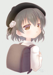 Rule 34 | 1girl, :o, backpack, bad id, bad pixiv id, bag, beret, black hat, black ribbon, blush, brown eyes, brown hair, collared shirt, commentary request, cropped torso, dated, flower, grey background, hair between eyes, hair flower, hair ornament, hat, hatoba tsugu, long sleeves, looking at viewer, looking to the side, mirun (funimani), mole, mole under eye, parted lips, randoseru, ribbon, rose, shirt, signature, simple background, solo, upper body, virtual youtuber, white flower, white rose, white shirt
