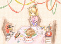 Rule 34 | 1girl, alice margatroid, birthday cake, blonde hair, blush, cake, capelet, character doll, christmas, closed eyes, doll, female focus, food, hakurei reimu, hat, japanese clothes, kingin, kirisame marisa, lonely, miko, party hat, solo, streamers, touhou, turkey (bird), turkey (food), witch, witch hat