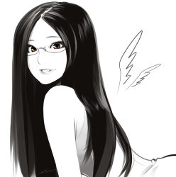 Rule 34 | 1girl, bare shoulders, dress, eyelashes, glasses, highres, lips, long hair, looking at viewer, monochrome, original, partially colored, poaro, signature, simple background, smile, solo, spot color, tank top, very long hair, white background, wings, yellow eyes
