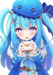 Rule 34 | 1girl, bare shoulders, beret, blue dress, blue hair, blue hat, blue nails, blush, commentary request, dress, fried egg, fried egg on toast, hat, heart, heart-shaped pupils, highres, jolly estaa, long hair, looking at viewer, nenechi, open mouth, pixela project, purple eyes, solo, symbol-shaped pupils, thai commentary, toast, two side up, virtual youtuber