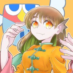 Rule 34 | 1girl, arms up, brown hair, commentary, dated, fang, fins, hashtag-only commentary, head fins, highres, jacket, long hair, looking at viewer, orange eyes, orange jacket, original, signature, skin fang, slit pupils, solo, toki tencho, upper body
