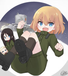 Rule 34 | 10s, 3girls, artist name, black footwear, black hair, black socks, blonde hair, blue eyes, boots, chibi, circle, clara (girls und panzer), clenched hands, commentary, doorknoble, fang, girls und panzer, green jumpsuit, highres, invisible chair, jumpsuit, katyusha (girls und panzer), kv-2, long hair, long sleeves, looking at another, looking at viewer, military, military vehicle, motor vehicle, multiple girls, night, night sky, nonna (girls und panzer), open mouth, outdoors, outside border, pravda military uniform, short hair, short jumpsuit, signature, sitting, sky, smile, snow, socks, standing, swept bangs, tank, v-shaped eyebrows