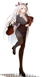 Rule 34 | 1girl, absurdres, alternate costume, antenna hair, azur lane, bag, black footwear, black pantyhose, breasts, carrying, carrying under arm, cleavage, collarbone, commentary request, contemporary, eyes visible through hair, folder, full body, hair ribbon, handbag, high heels, highres, id card, long hair, long sleeves, looking at viewer, multicolored hair, office lady, pantyhose, prinz eugen (azur lane), raru (nanaharararu), ribbon, sidelocks, simple background, solo, standing, standing on one leg, two-tone hair, two side up, white background, white hair, yellow eyes