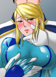 Rule 34 | 1girl, adam malkovich, blonde hair, blue eyes, bodysuit, grabbing another&#039;s breast, breasts, comiket, grabbing, gradient background, guided breast grab, guiding hand, hair between eyes, hyoukai, large breasts, metroid, metroid: other m, nintendo, ponytail, samus aran, simple background, skin tight, zero suit