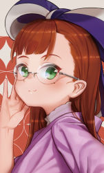 Rule 34 | 10s, 1girl, adjusting eyewear, anne (wixoss), bespectacled, blunt bangs, blush, bow, brown hair, glasses, green eyes, hair bow, long hair, looking at viewer, mole, mole under eye, shamonabe, smile, solo, wixoss