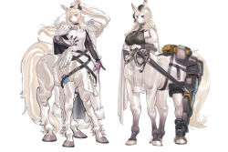 Rule 34 | 2girls, absurdres, animal ear fluff, animal ears, arknights, armor, aunt and niece, belt, black belt, black bow, black gloves, black headwear, black nails, blemishine (arknights), blonde hair, blue eyes, bow, breastplate, breasts, cape, centaur, chinese commentary, closed mouth, clothes writing, commentary request, earrings, full body, fur-trimmed armor, fur trim, garrison cap, gloves, hair between eyes, hair bow, hand on hilt, hand on own hip, hat, highres, hitobashira (1746164306), horse ears, horse girl, horse tail, jewelry, kingdom of kazimierz logo, large breasts, long hair, looking at viewer, monster girl, monsterification, multiple girls, pelvic curtain, plate armor, ponytail, scabbard, sheath, sheathed, short eyebrows, sidelocks, simple background, small breasts, smile, standing, stud earrings, sword, tail, taur, thick eyebrows, weapon, whislash (arknights), white background, white cape, yellow eyes