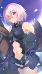 Rule 34 | 1girl, armored leotard, black gloves, black leotard, breasts, breasts apart, cowboy shot, elbow gloves, fate/grand order, fate (series), feng mouren, gloves, hair over one eye, hand on hilt, highres, lens flare, leotard, looking at viewer, mash kyrielight, medium breasts, midriff, navel, outdoors, pink hair, purple eyes, shield, short hair, solo, standing, stomach