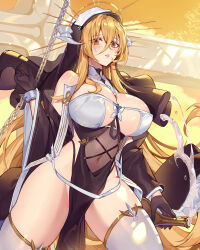 Rule 34 | 1girl, azur lane, bare shoulders, between breasts, black gloves, blonde hair, blush, breast cutout, breasts, chain, cleavage, covered navel, cuffs, gloves, habit, hair between eyes, highres, holding, horns, implacable (azur lane), large breasts, long bangs, long hair, looking at viewer, nun, orange sekaii, pelvic curtain, red eyes, revealing clothes, solo, thighhighs, thighs, veil, very long hair, white horns, white thighhighs