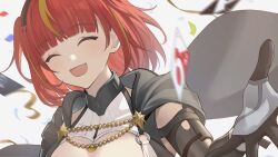 Rule 34 | 1girl, black cape, blunt bangs, breasts, cape, card, cleavage, closed eyes, confetti, game cg, gloves, highres, large breasts, official art, red hair, short hair, smile, snowbreak: containment zone, solo, tess kotkin, third-party source