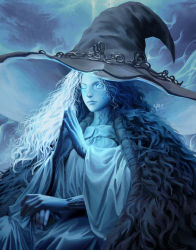 Rule 34 | 1girl, absurdres, blue eyes, blue hair, blue skin, blue theme, cloak, closed mouth, colored skin, commentary, cracked skin, elden ring, english commentary, erdtree (elden ring), extra arms, full moon, fur cloak, grey hat, hat, highres, long sleeves, looking at viewer, monochrome, moon, naofaro, one eye closed, ranni the witch, signature, solo, wide sleeves, witch hat