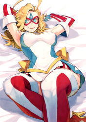 Rule 34 | 1girl, absurdres, ahoge, armpits, arms up, bare shoulders, bed sheet, blonde hair, blue eyes, blue gloves, bow, closed mouth, covered erect nipples, covered navel, elbow gloves, eye mask, eyelashes, fingerless gloves, gloves, hatching (texture), high heels, highres, kamen america, kamen america (comic), kyo (kuroichigo), long hair, lying, mask, on back, red thighhighs, smile, solo, star (symbol), star print, striped clothes, striped gloves, thighhighs, yellow bow