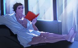 Rule 34 | 1boy, after bathing, alternate costume, bara, bare pectorals, book, brown hair, cityscape, couch, dark-skinned male, dark skin, full body, hair slicked back, highres, holding, holding book, male focus, marvel, mature male, miguel o&#039;hara, moonlight, muscular, muscular male, night, night sky, no nipples, on couch, outstretched legs, pectorals, reading, red eyes, robe, short hair, sitting, sky, solo, spider-man: across the spider-verse, spider-man (series), spider-verse, thick eyebrows, white robe, yotti