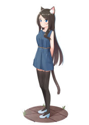 Rule 34 | 1girl, absurdres, aina (mao lian), animal ear fluff, animal ears, arms behind back, black hair, black thighhighs, blue dress, blue eyes, blush, cat ears, cat tail, dress, full body, garter straps, highres, long hair, looking at viewer, mao lian (nekokao), original, simple background, smile, solo, standing, tail, thighhighs, white background