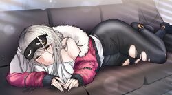 Rule 34 | 1girl, black footwear, black mask, black pants, breasts, cjrb1228, cleavage, couch, frima (nikke), goddess of victory: nikke, green eyes, grey hair, large breasts, long hair, looking at viewer, mask pull, off shoulder, one eye closed, pants, pillow, shirt, sleep mask, sleepy, solo, torn clothes, torn pants, white shirt