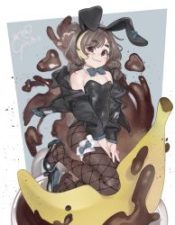 Rule 34 | 1boy, animal ears, artist name, banana, bare shoulders, black jacket, black leotard, blonde hair, blue bow, bow, bowtie, braid, braided bangs, brown eyes, brown hair, closed mouth, coffee, covered navel, cup, detached collar, fake animal ears, fang, fishnet pantyhose, fishnets, food, fruit, full body, girutea, hair tie, high heels, highres, in food, indie virtual youtuber, jacket, leotard, looking at viewer, low twintails, male focus, male playboy bunny, medium hair, mocca liebeskind, multicolored hair, open clothes, open jacket, oversized food, oversized object, pantyhose, rabbit ears, rabbit tail, shoe dangle, skin fang, skindentation, smile, solo, splashing, strapless, strapless leotard, streaked hair, tail, thick eyebrows, thigh strap, trap, twintails, v arms, virtual youtuber
