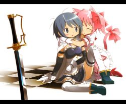 Rule 34 | 10s, 2girls, :3, animal ears, armband, blue eyes, blue hair, bow, cape, cat ears, cat tail, checkered floor, closed eyes, cuts, dress, floor, gloves, goribote, hair bow, hug, injury, kaname madoka, kemonomimi mode, letterboxed, magical girl, mahou shoujo madoka magica, mahou shoujo madoka magica (anime), miki sayaka, multiple girls, pink hair, short hair, short twintails, sitting, sword, tail, thighhighs, twintails, weapon