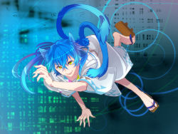 Rule 34 | :d, androgynous, animal ears, bad id, bad pixiv id, blue hair, cat ears, cat girl, cat tail, fang, gender request, geta, honoka (pandatype), japanese clothes, kimono, long hair, looking at viewer, multiple tails, nekomata, open mouth, smile, solo, tail, two tails, yellow eyes