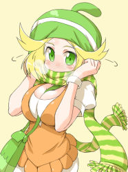 Rule 34 | 10s, 1girl, bag, beret, between breasts, bianca (pokemon), blonde hair, blush, breasts, breath, cleavage, creatures (company), dress, game freak, green eyes, hat, hat tug, heavy breathing, large breasts, looking at viewer, naitou kouse, nintendo, pokemon, pokemon bw, puffy short sleeves, puffy sleeves, satchel, scarf, short hair, short sleeves, simple background, solo, strap between breasts, striped clothes, striped scarf, yellow background