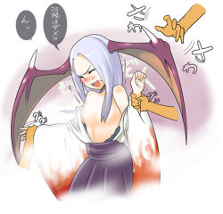 Rule 34 | 1girl, bat wings, blush, breasts, embarrassed, closed eyes, fang, fog, frown, hakama, hakama skirt, head wings, holding another&#039;s wrist, japanese clothes, kimono, kokuten, long hair, lowres, mieru hito, monster girl, nanashin, no nipples, open clothes, open kimono, skirt, smile, solo, solo focus, sweatdrop, translated, trembling, uncommon stimulation, white hair, wings